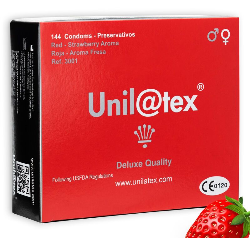 Confezione rossa Unilatex preservativi, aroma fragola, qualità deluxe, CE 0120, con fragola.