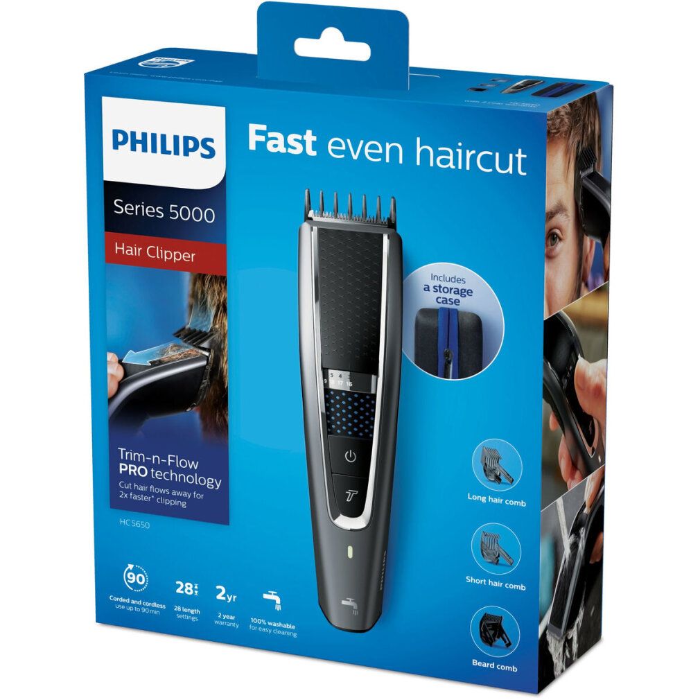 Confezione Philips Series 5000. Contiene tagliacapelli, accessori e pettini. Testo: Fast even haircut, Series 5000, Hair Clipper.