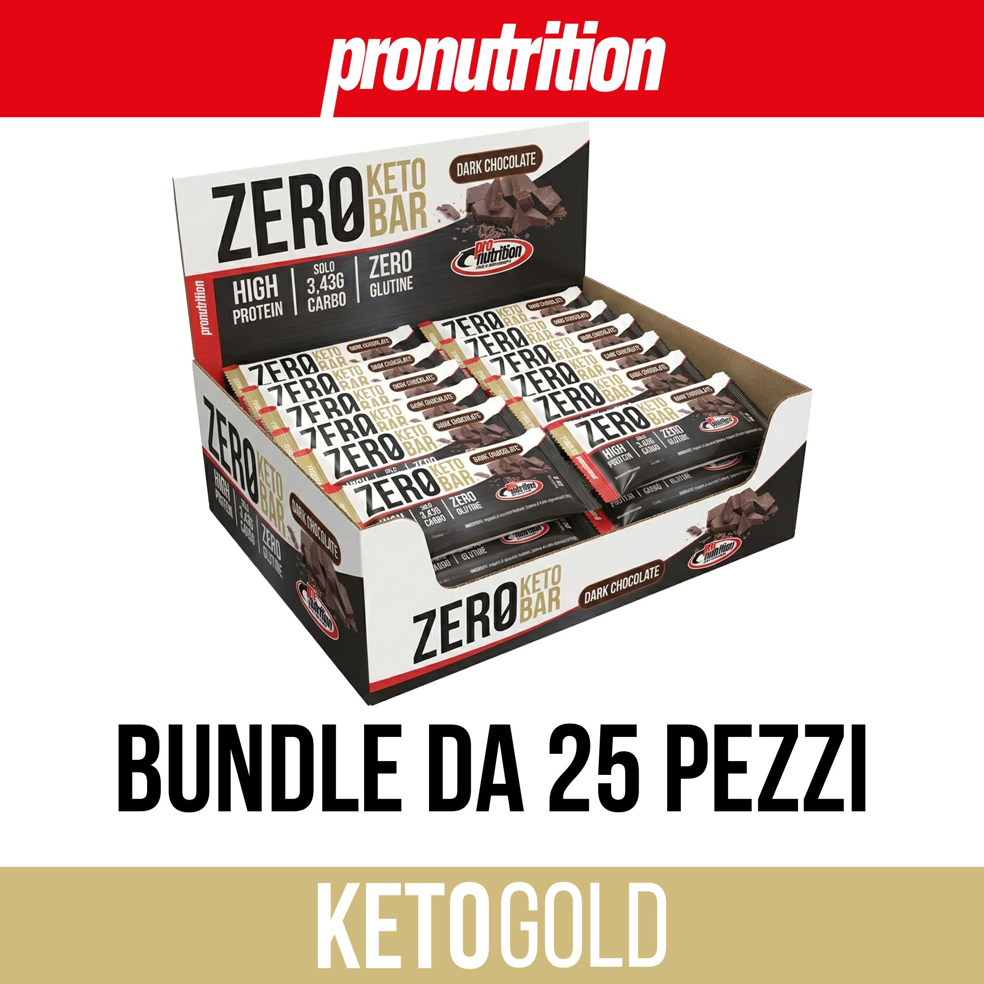 Confezione di barrette Keto. Scritta: Zero Keto Bar, Bundle da 25 pezzi. Marchio: Pronutrition.