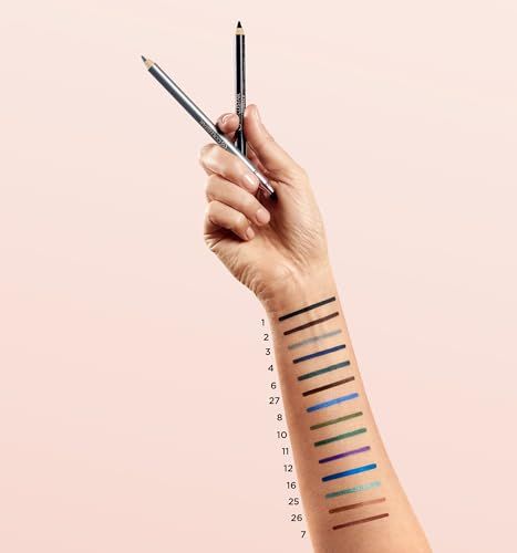 Mano con tratti di matite occhi sul braccio. Diversi colori e numeri.