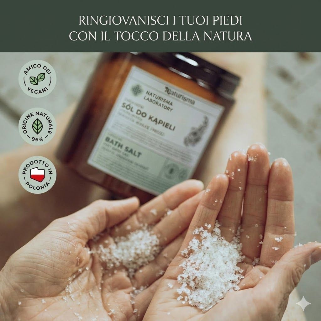 Mani che tengono sali da bagno. Sulla confezione: Vegano, 96% naturale, prodotto in Polonia.