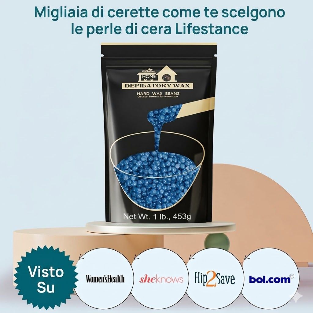 Busta nera con perle di cera blu. Testo: Lifestance, 1 lb, 453g. Visto su: Women's Health, sheknows, Hip2Save, bol.com.