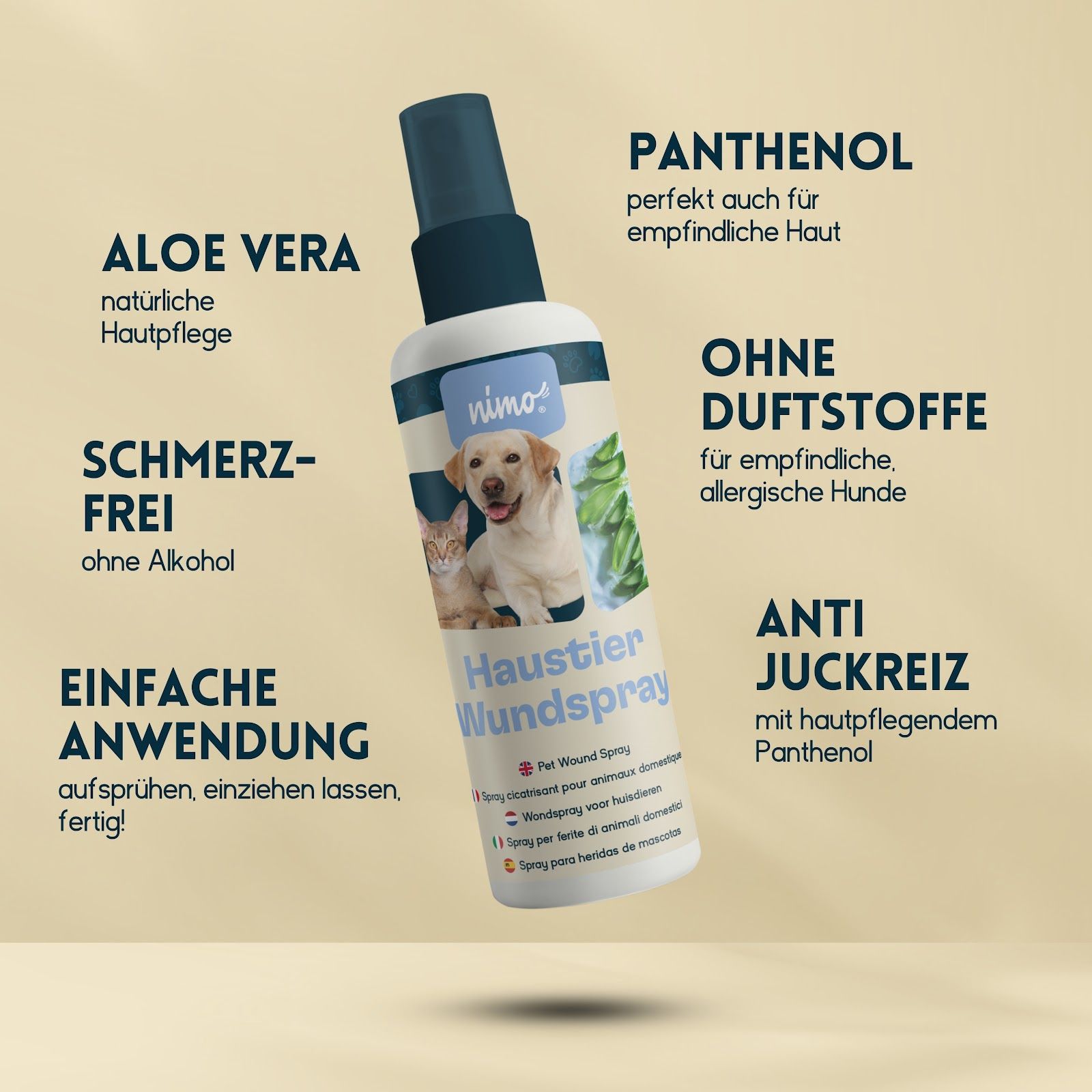 Flacone del prodotto con testo: Haustier Wundspray. Campi di testo: Aloe Vera, senza dolore, facile applicazione, Pantenolo, senza profumo, anti-prurito.