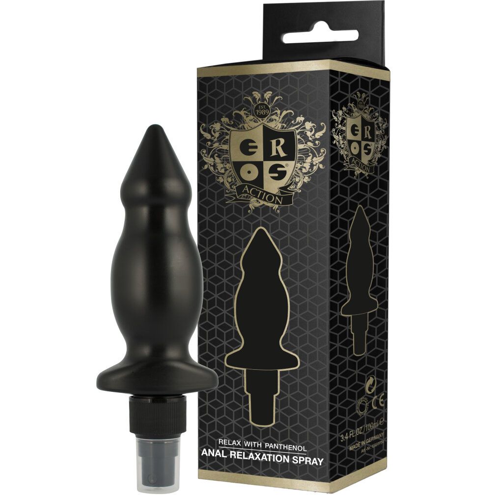 Spray rilassante anale nero con pantenolo e confezione. Stampa: Eros Action, logo, Relax with Panthenol, Anal Relaxation Spray.