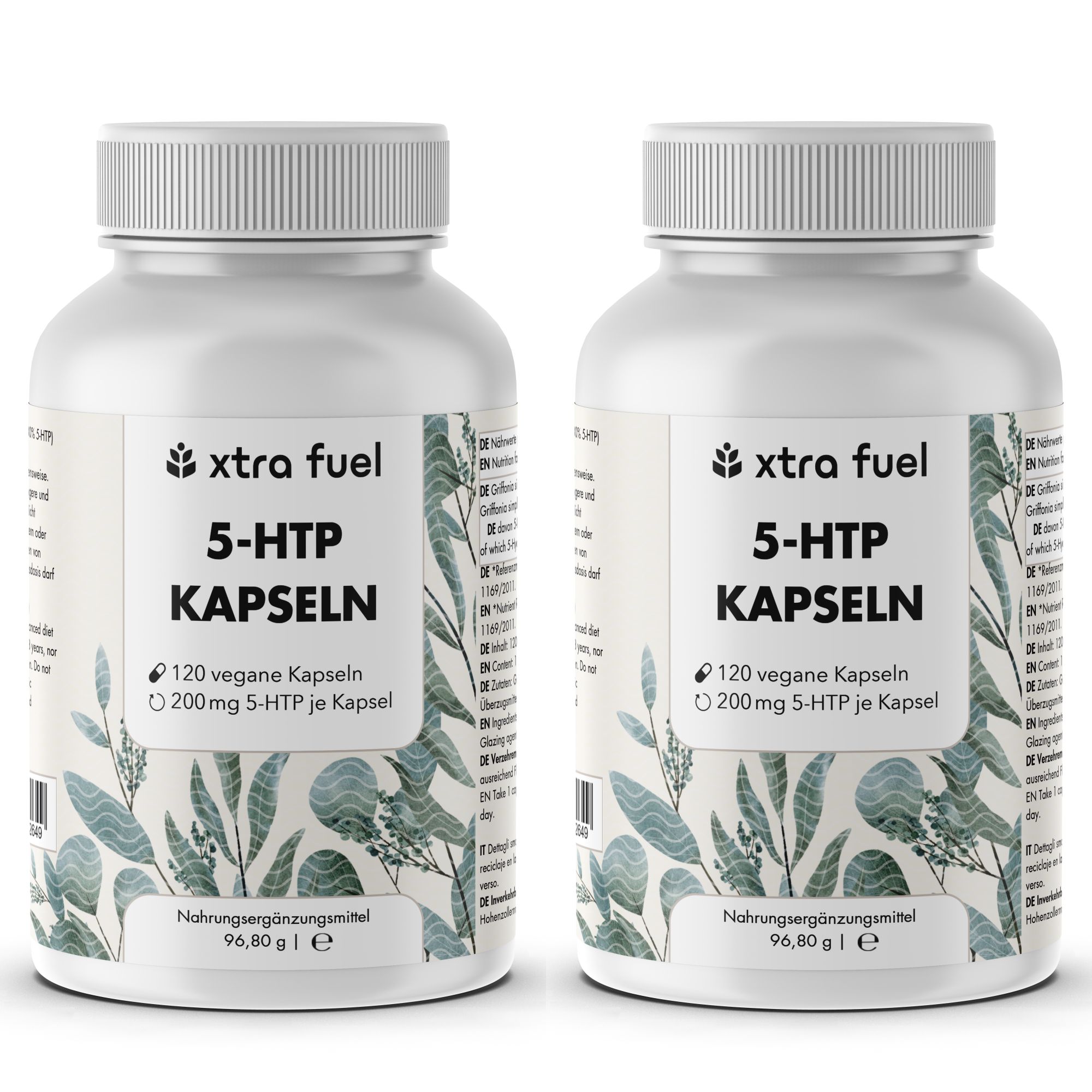 Due flaconi bianchi di capsule. Scritta: XTRA FUEL 5-HTP KAPSELN, 120 capsule vegane, 200mg 5-HTP per capsula.