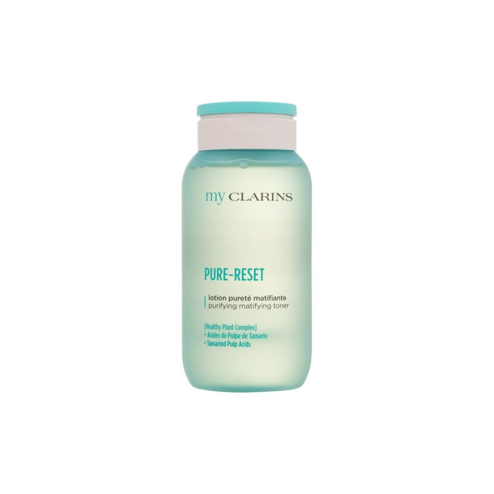 Flacone trasparente con tappo bianco. Scritta: My Clarins, Pure-Reset, lotion pureté matifiante, purifying matifying toner.