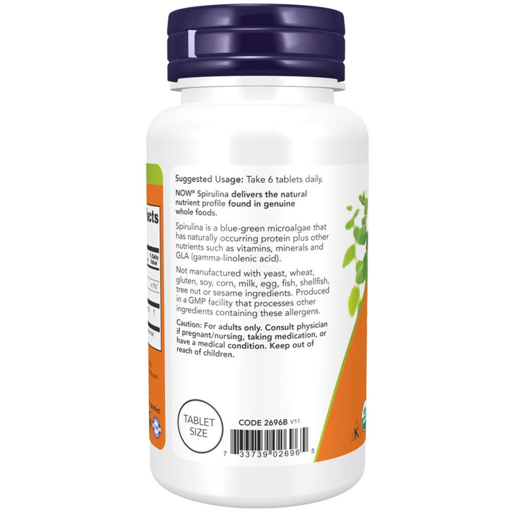 Retro del flacone. Scritta: Suggested Usage: Take 6 tablets daily. Sfondo arancione, testo bianco.