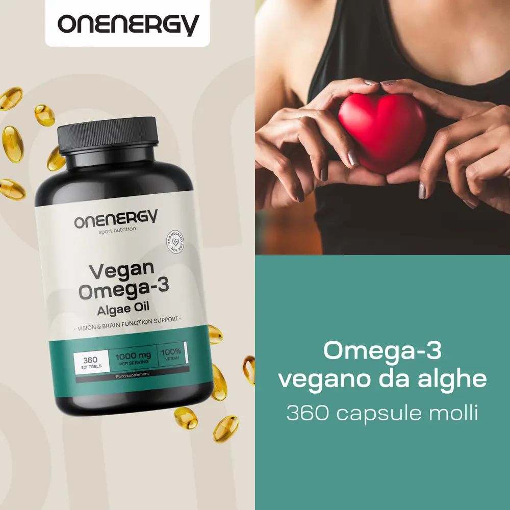 Flacone di OnEnergy Vegan Omega-3 da alghe, 360 capsule. Mani che tengono un cuore rosso.