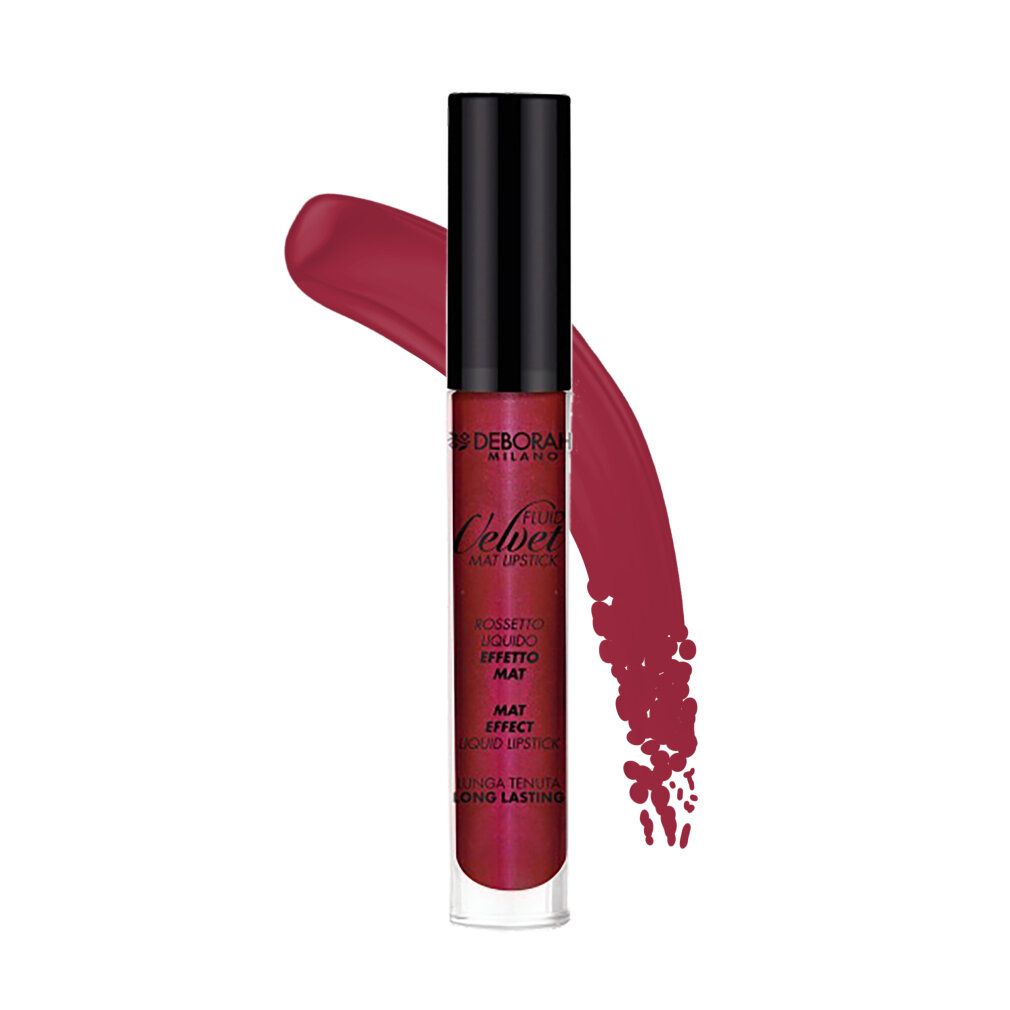 Rossetto liquido Deborah Milano Velvet, rosso. Tappo nero, contenitore trasparente. Traccia di colore.