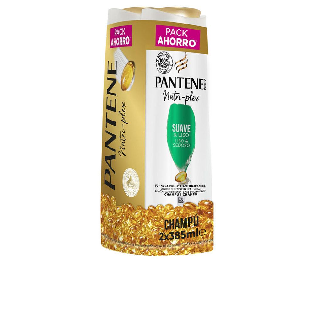 Confezione doppia di shampoo. Bottiglie dorate e verdi. Scritta: Pantene Nutri-plex, Suave & Liso, Champú. Confezione da 2 bottiglie.