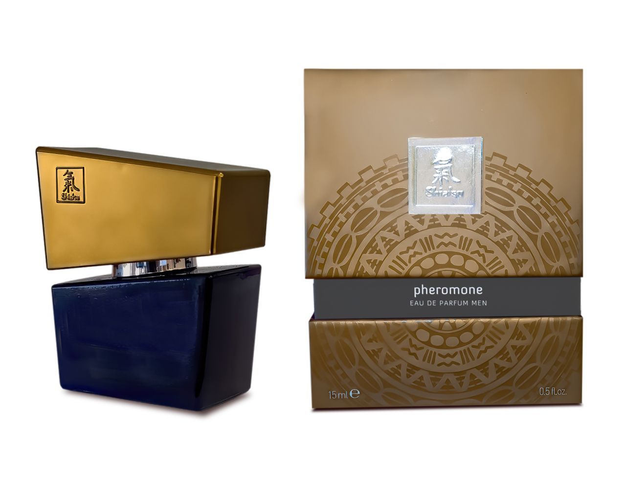 Flacone e confezione Pheromone Eau de Parfum da uomo uno accanto all'altro.