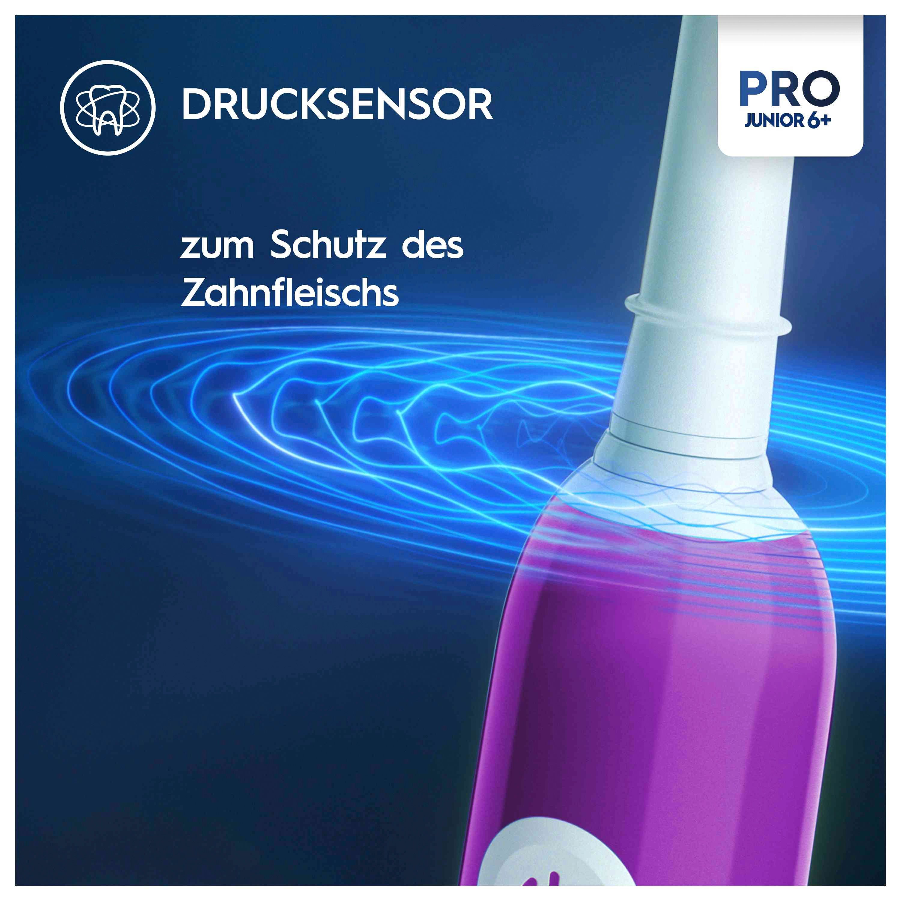 Primo piano della testina dello spazzolino. Testo: Sensore di pressione. Marchio Oral-B, modello Pro Junior 6+. Sfondo blu con linee blu.