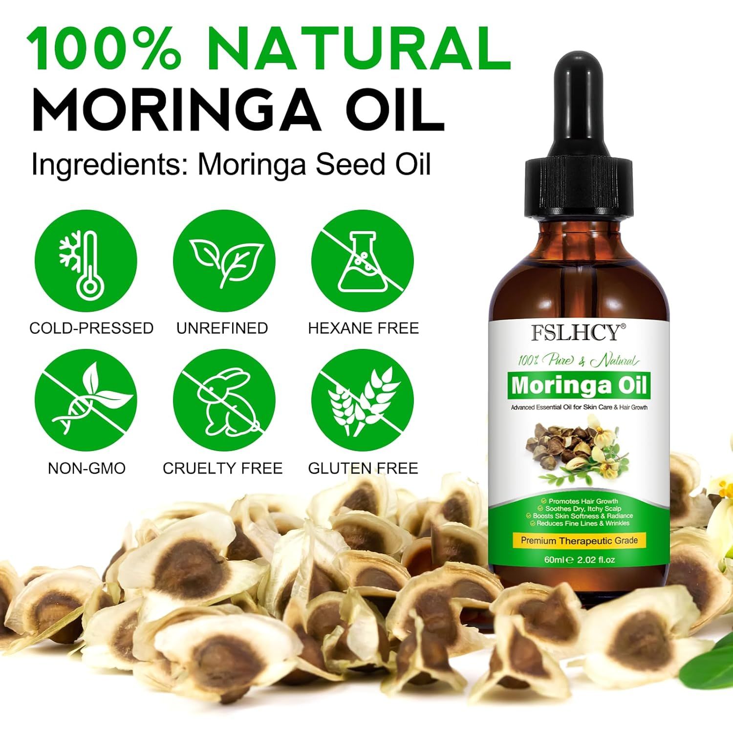 Flacone di vetro marrone con olio di Moringa, circondato da semi. Scritta: Moringa Oil. Cold-pressed, unrefined.