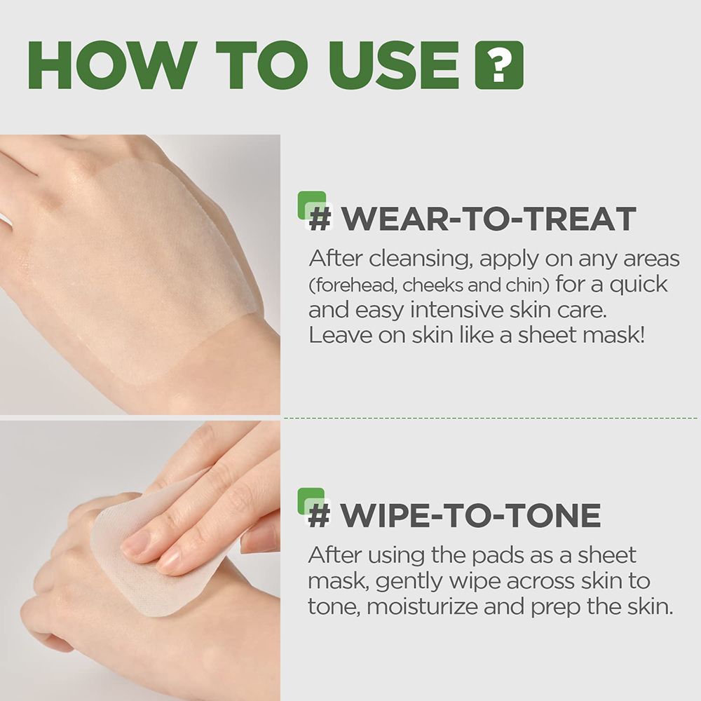 Due mani mostrano l'uso. Testo: #WEAR-TO-TREAT, #WIPE-TO-TONE. Dischetti sulla pelle. Testo sull'uso.