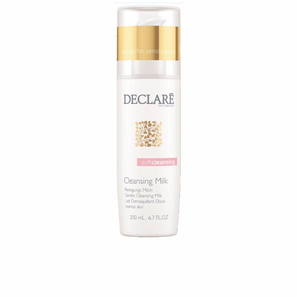 Flacone bianco con tappo dorato. DECLARÉ Reinigungsmilch, logo e testo. Scritta: softcleansing, Cleansing Milk, 200 ml.