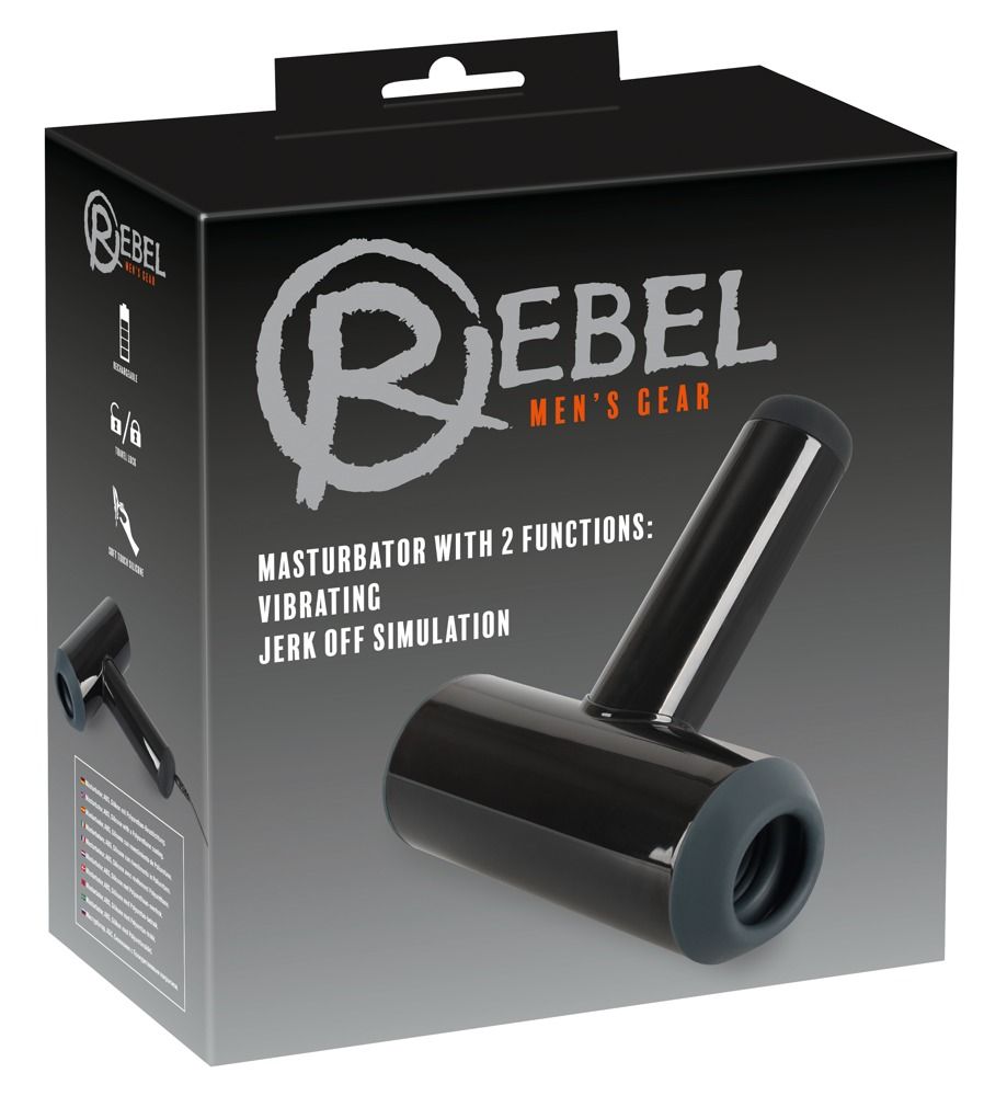 Masturbatore nero in confezione. Dettagli grigi. Testo: Rebel, Men's Gear, Masturbator with 2 functions: Vibrating, Jerk off simulation.