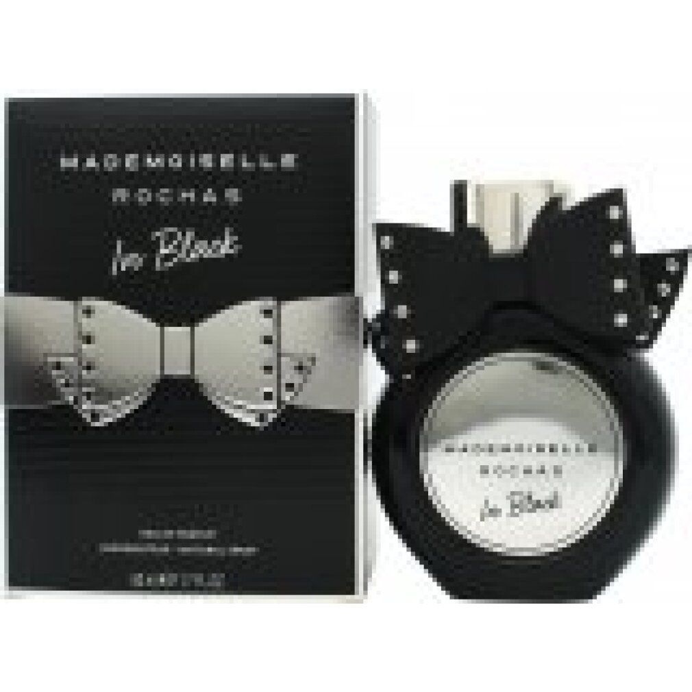 Flacone di profumo nero con fiocco e confezione. Scritta: Mademoiselle Rochas In Black. 50 ml.