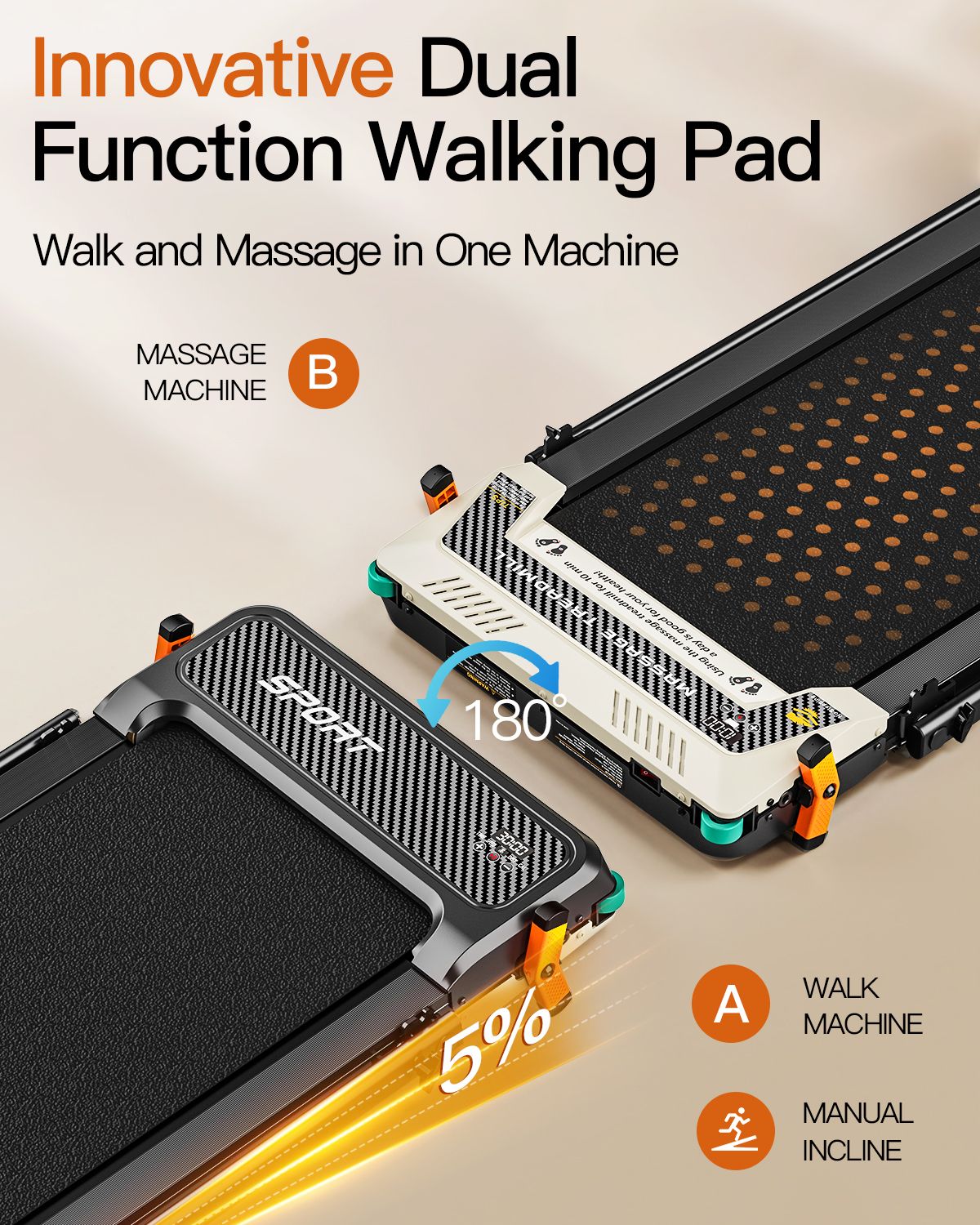 Primo piano di due tapis roulant. Uno mostra una funzione massaggio, l'altro una funzione di corsa. Testo: Innovative Dual Function Walking Pad.