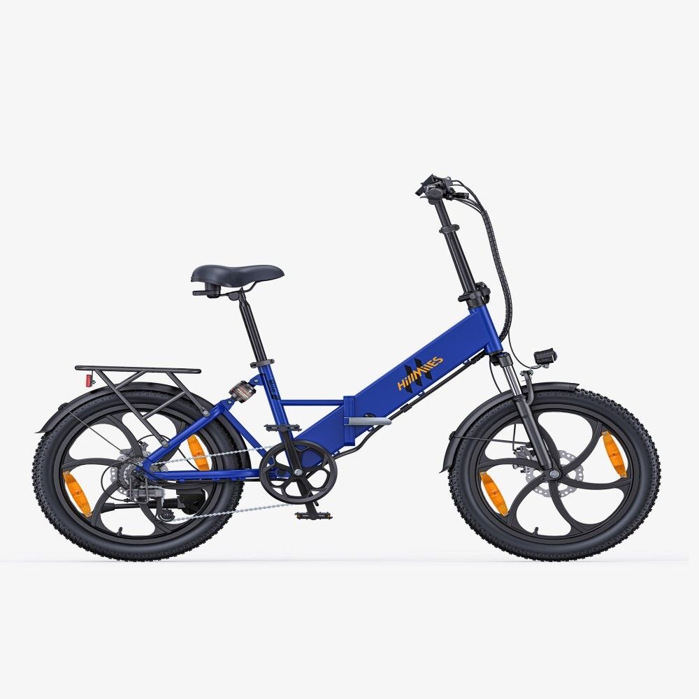 Bicicletta elettrica blu con pneumatici neri e portapacchi. Marchio HillMiles.