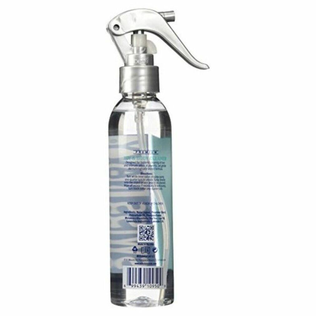 Flacone spray trasparente con erogatore grigio. Scritta: SWISS NAVY TOY & BODY CLEANER. Retro con testo e codice QR.