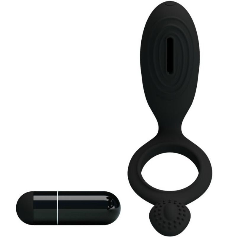 Anello vibrante in silicone nero con elemento vibrante e vibratore oblungo separato. L'anello ha una forma ovale.