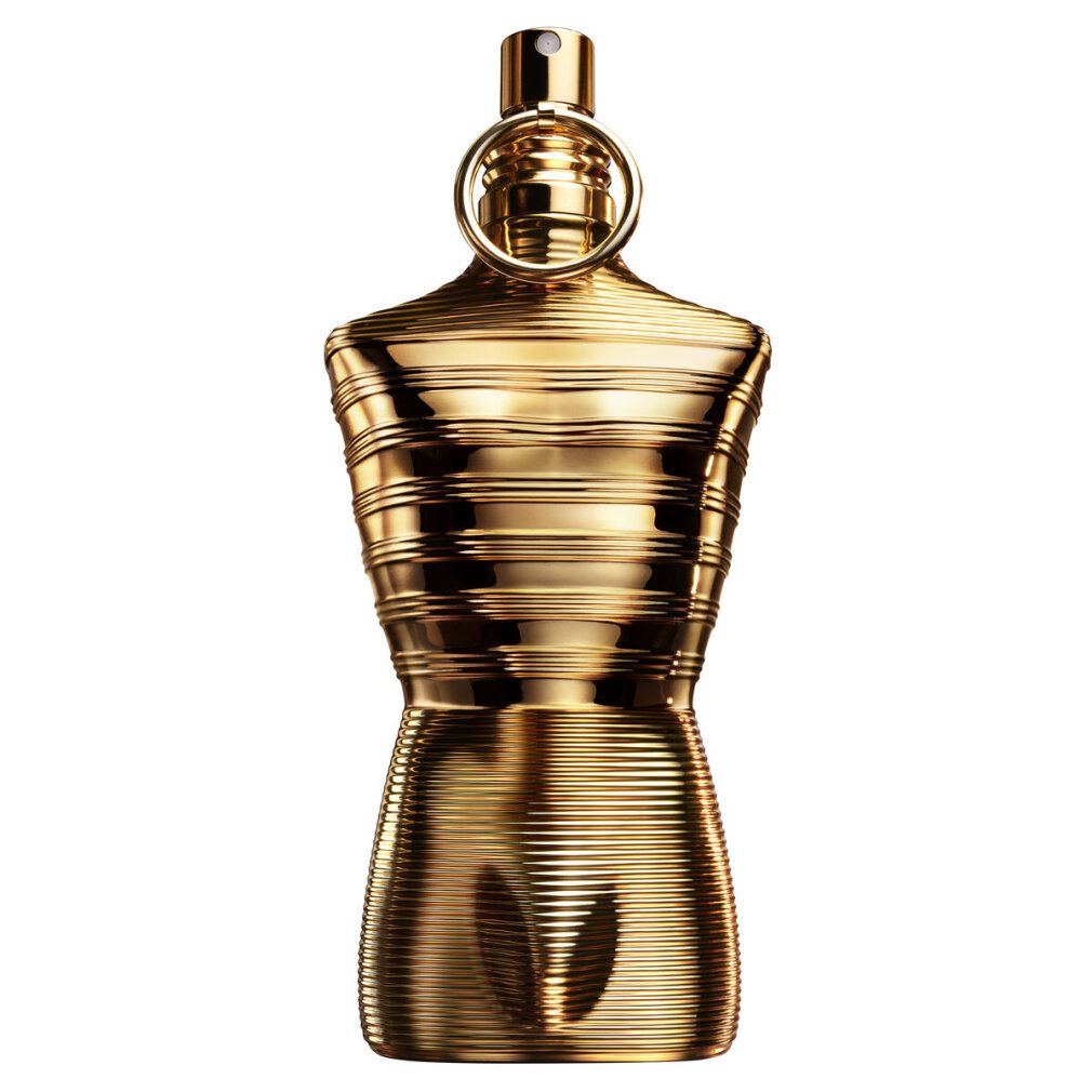 Flacone dorato a forma di torso con vaporizzatore. Anello sul collo. Superficie scanalata.