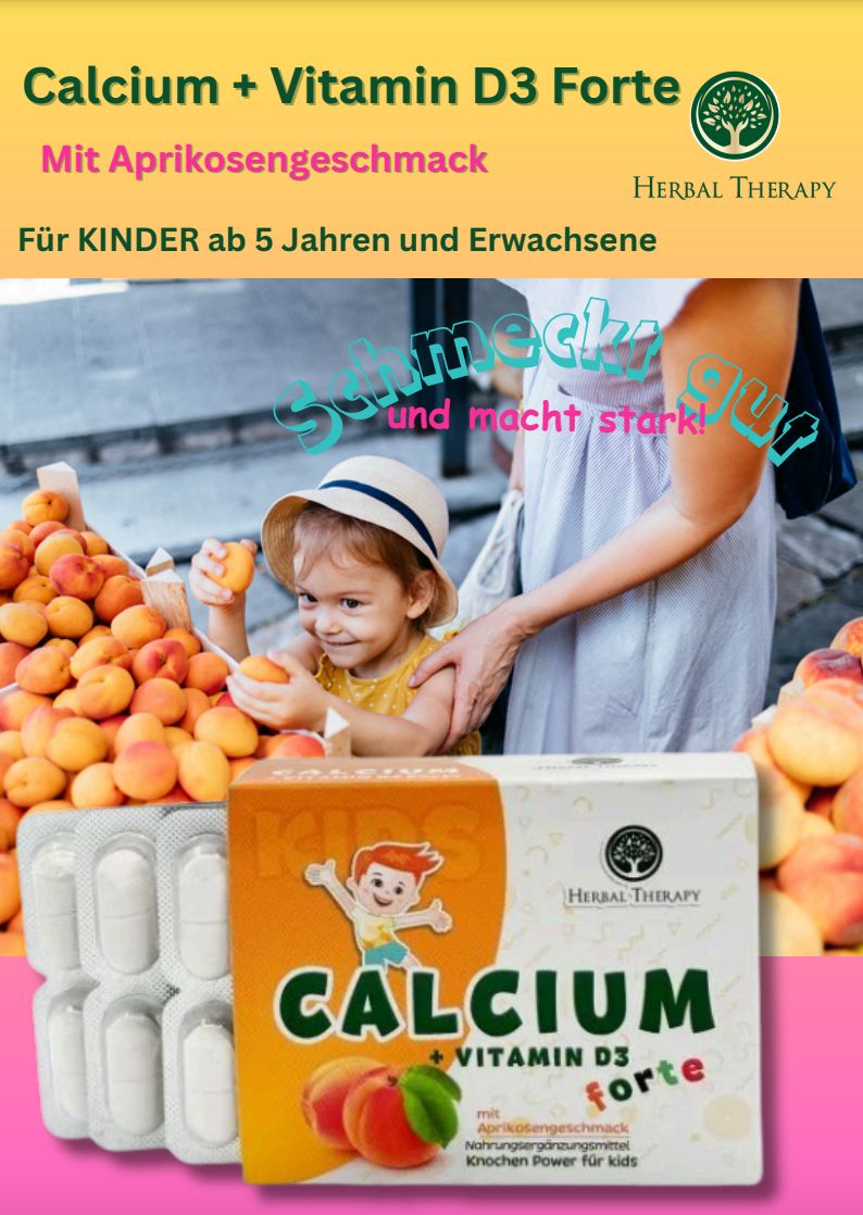 Immagine pubblicitaria con bambino e confezione del prodotto. Scritta: Calcium + Vitamina D3 forte. Logo: Herbal Therapy. Testo: Per bambini dai 5 anni e adulti.