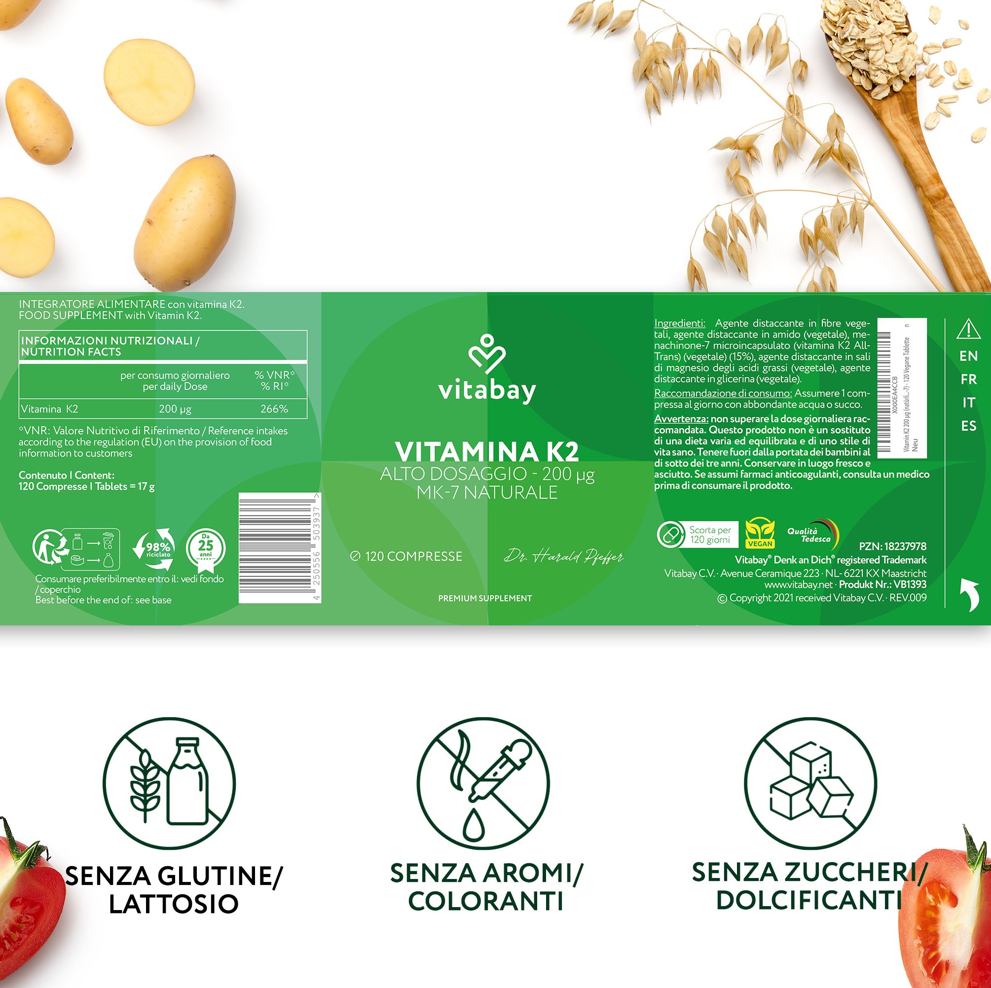 Etichetta Vitabay Vitamina K2. Senza glutine/lattosio, aromi, zuccheri. 120 compresse.