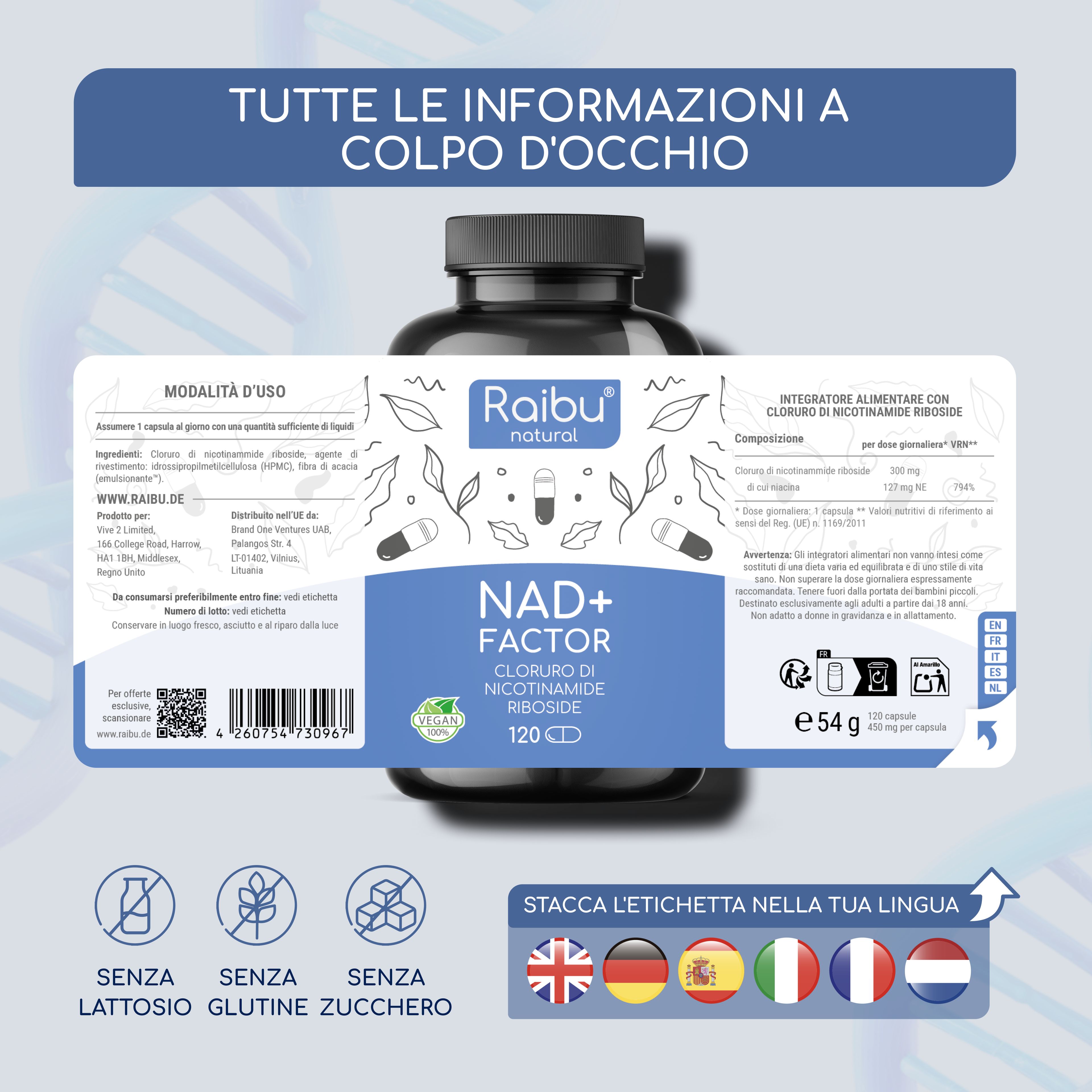 Flacone con etichetta. Testo: Integratore alimentare con cloruro di nicotinamide riboside. 120 capsule. Sigillo vegano.