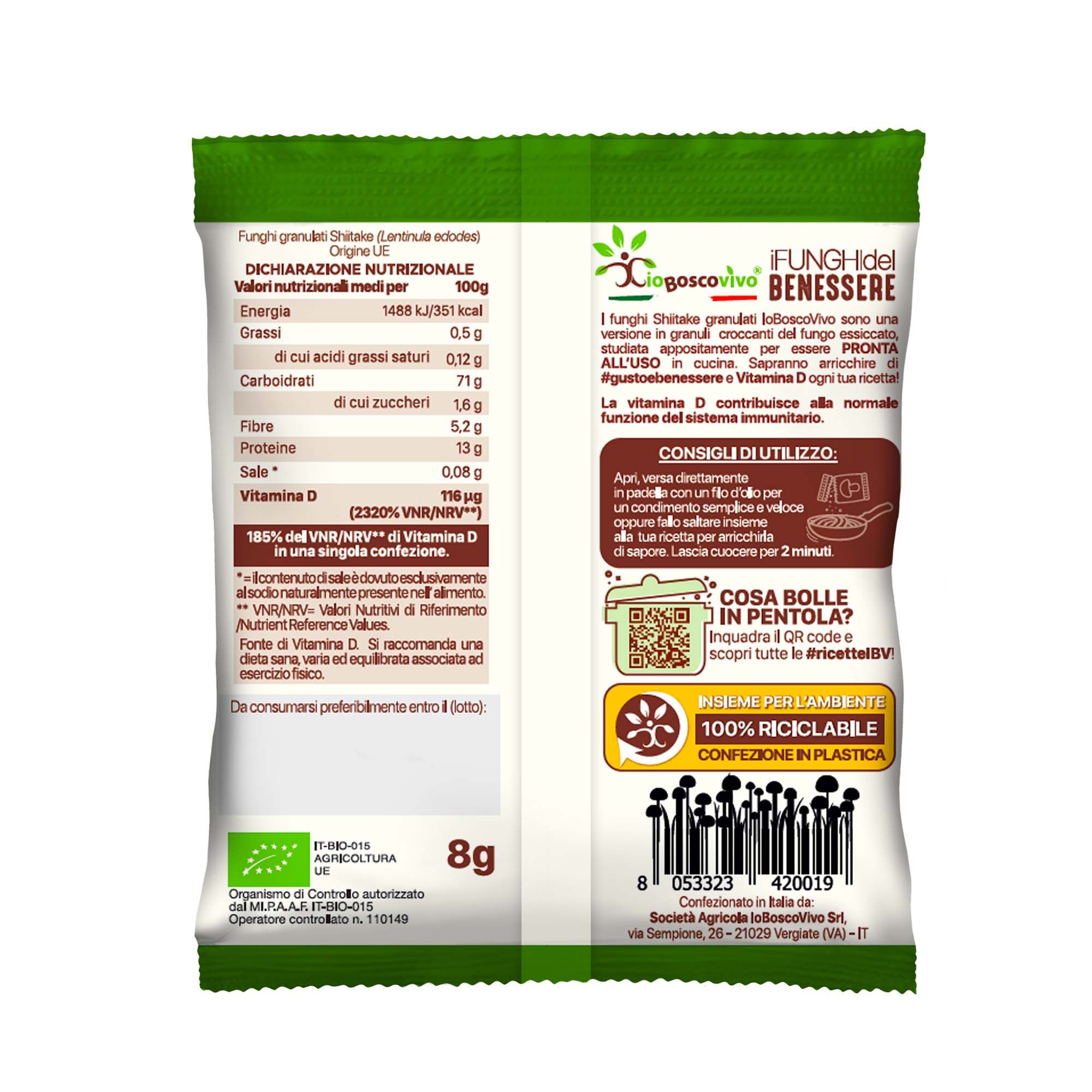Retro della confezione Funghi Shiitake Bio IoBoscoVivo granulati, valori nutrizionali e sigillo bio.