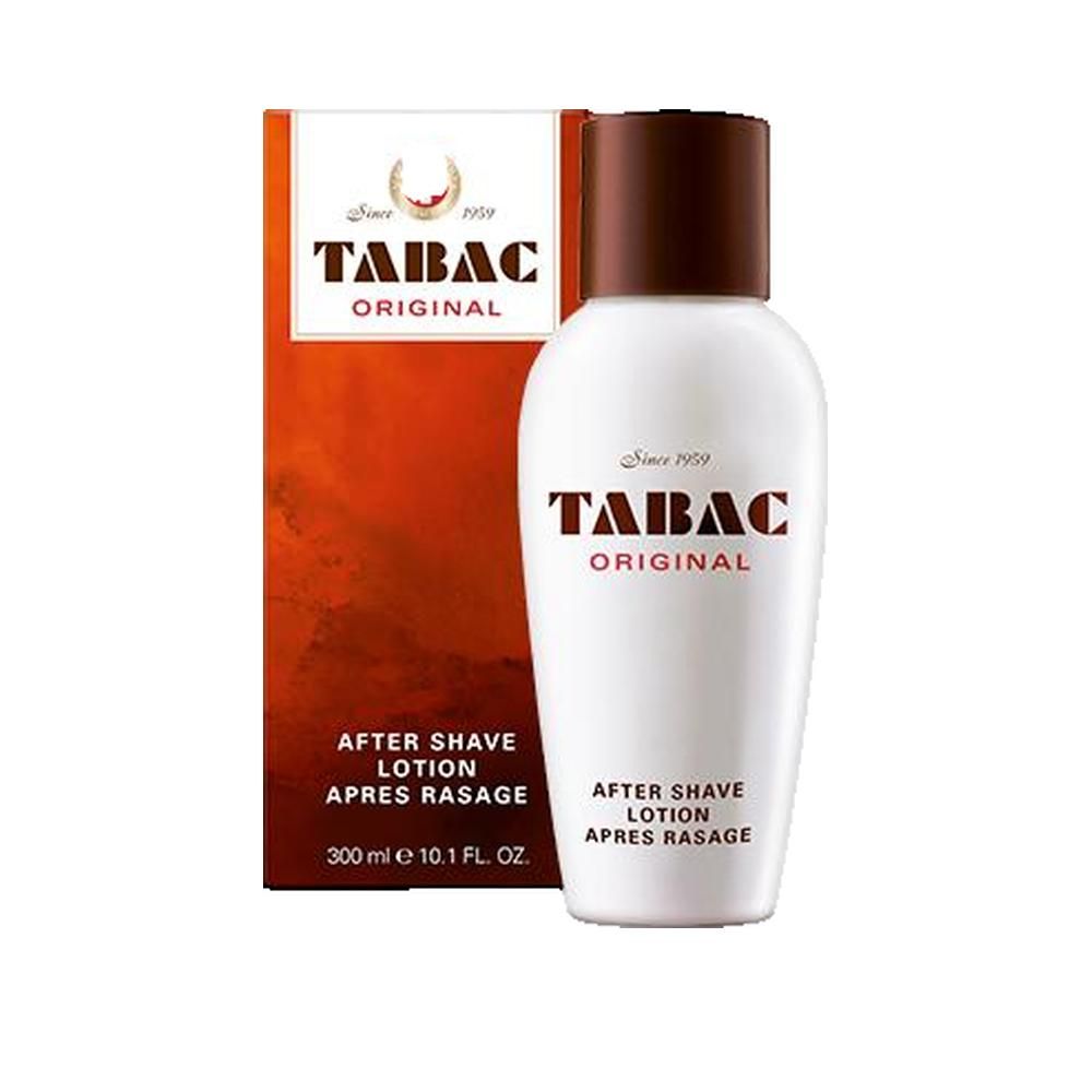 Flacone bianco con tappo marrone e confezione rossa. Scritta: TABAC ORIGINAL, After Shave Lotion. 300ml.