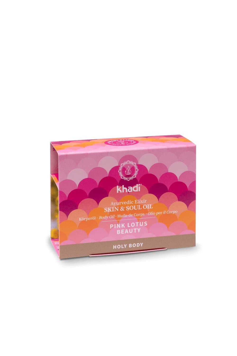 Confezione Khadi Pink Lotus Beauty. Motivi rosa e arancioni. Testo: Skin & Soul Oil, Pink Lotus Beauty, Holy Body.
