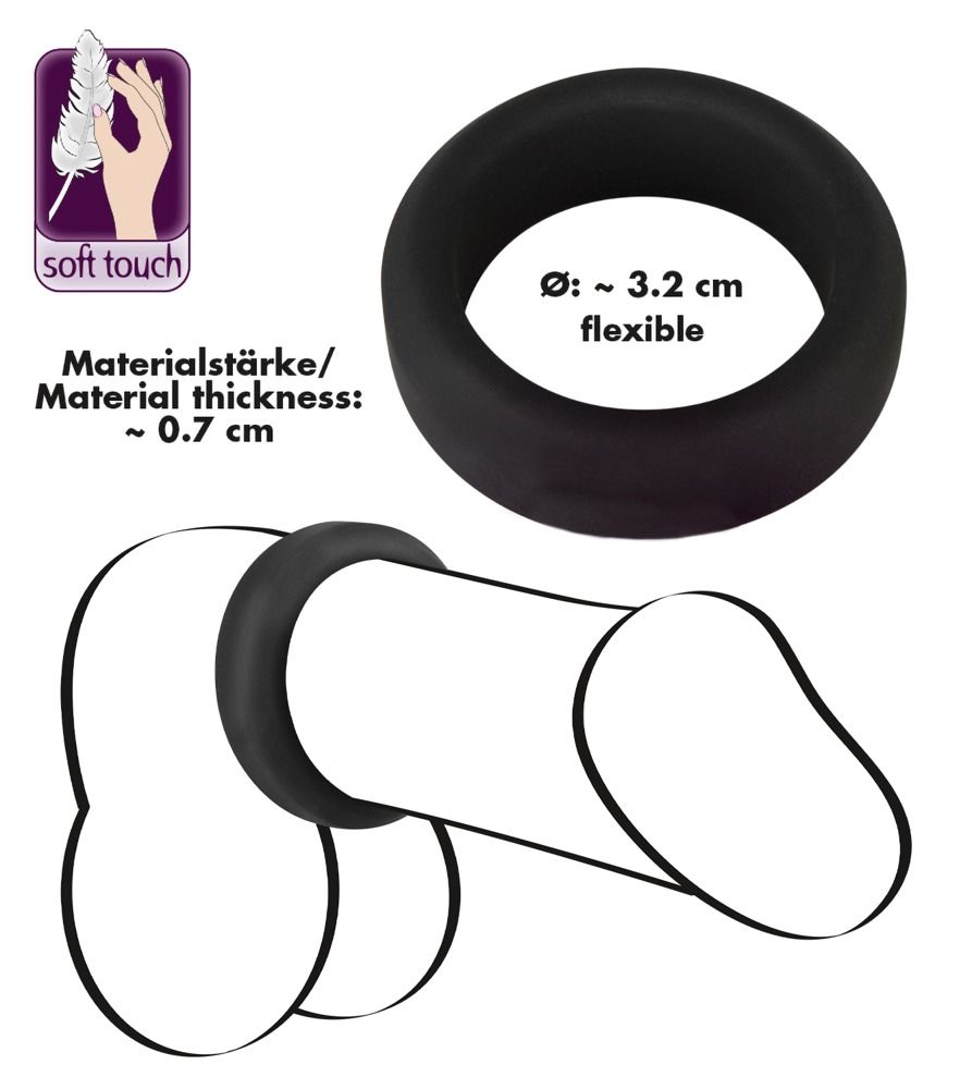 Anello per pene in silicone nero, diametro 3,2 cm, spessore 0,7 cm.