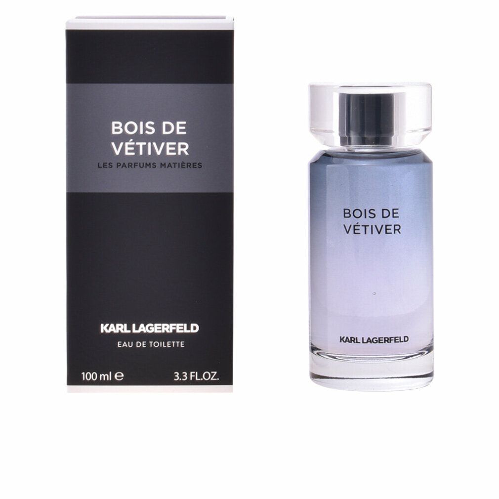 Karl Lagerfeld Bois de Vétiver Eau de Toilette Spray. Flacone e confezione. Confezione nera con nome del prodotto. Flacone in vetro con tappo.