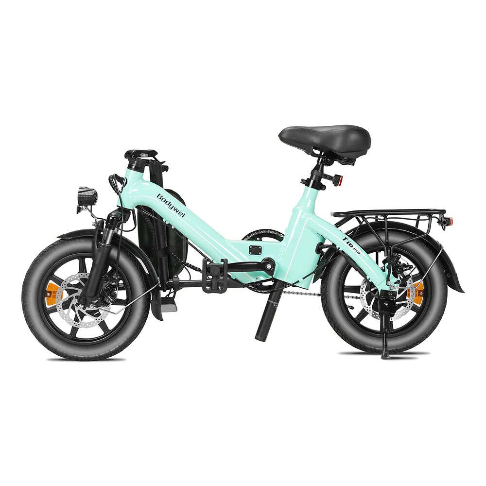 Bicicletta elettrica pieghevole azzurra. Pneumatici, sella e dettagli neri. Portapacchi posteriore. Freni a disco. Logo Bodywel.