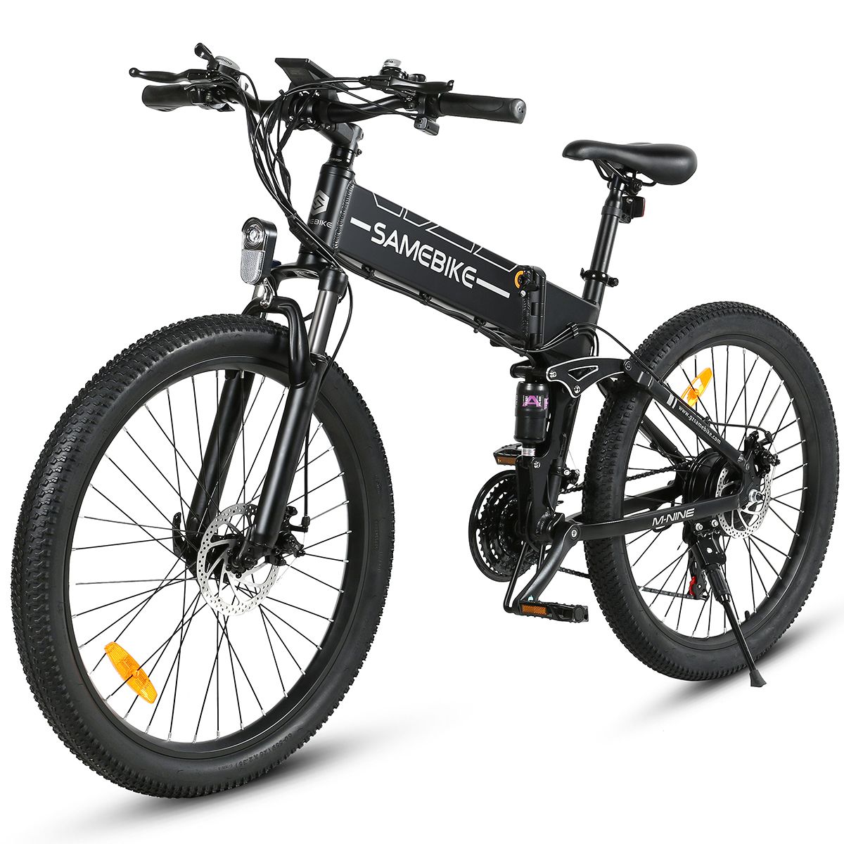 Bicicletta elettrica nera. Ruote, sella, manubrio e batteria visibili. Marchio SAMEBIKE.