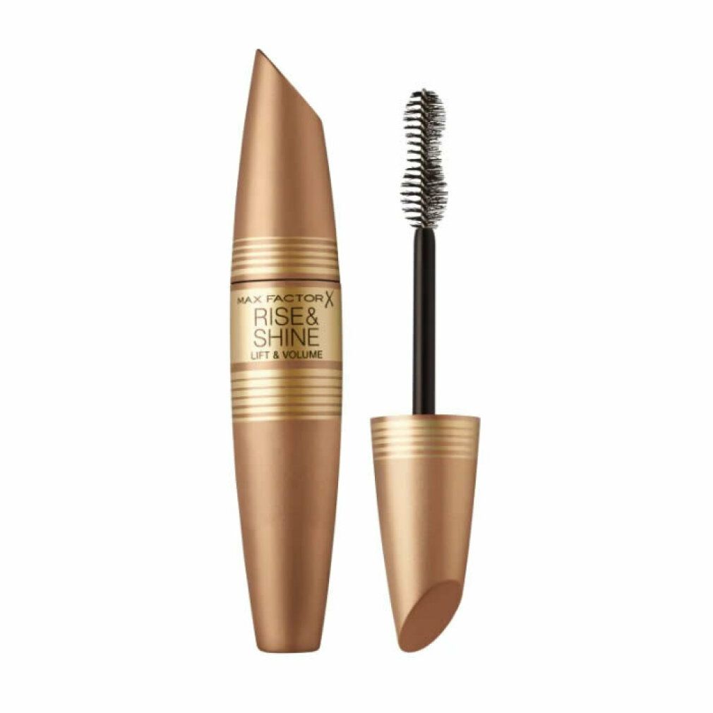 Mascara dorato con tappo e spazzola aperti. Spazzola nera. Scritta dorata: RISE & SHINE LIFT & VOLUME.