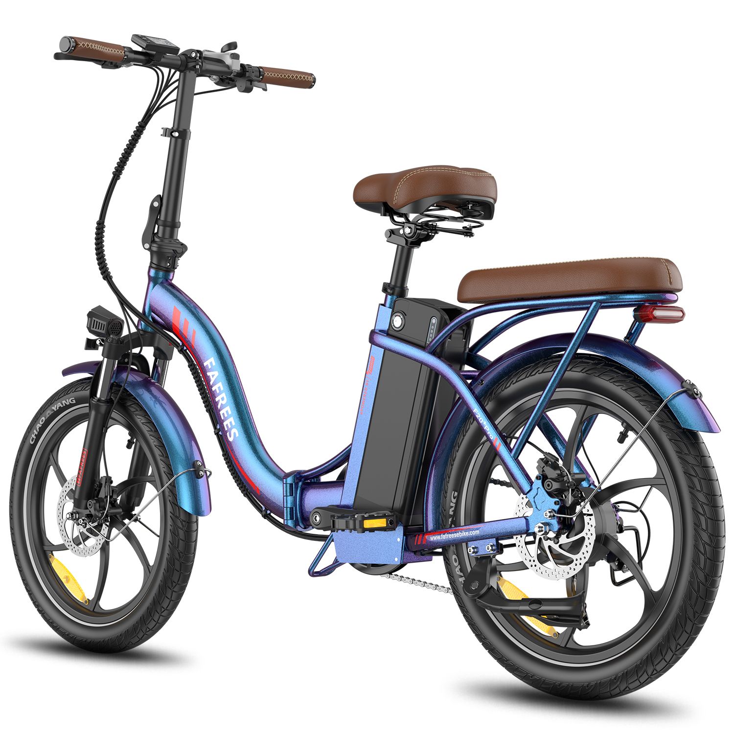 E-bike pieghevole, blu-viola. Sella e portapacchi marroni. Pneumatici e cerchi neri. Marchio FAFREES.
