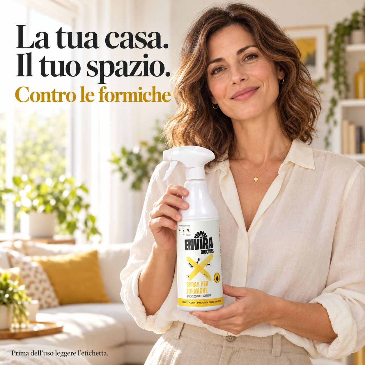 Donna che tiene uno spray ENVIRA Biocides contro le formiche in un soggiorno.
