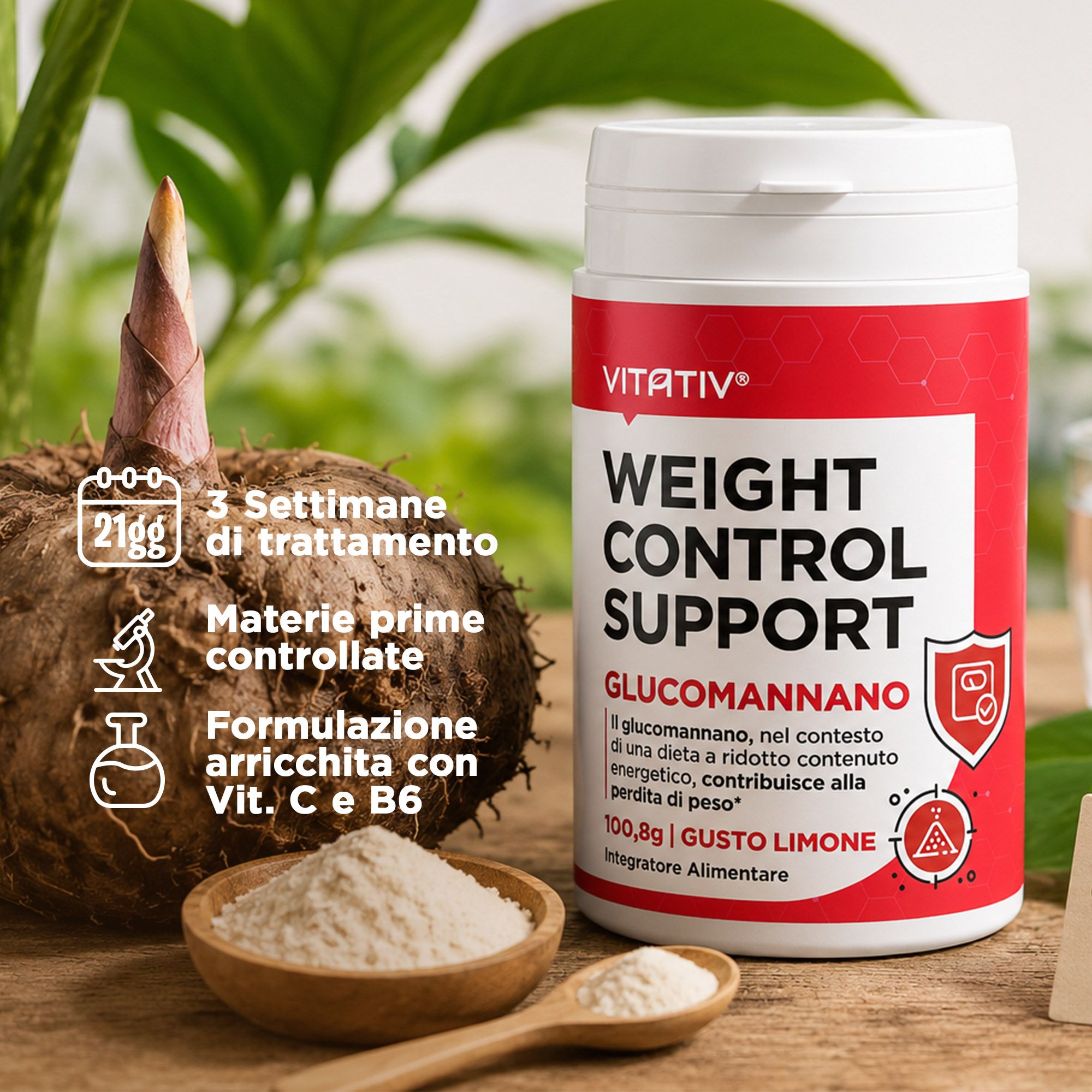 VITATIV® GLUCOMANNANO + Vitamina C e B6, Integratore in Polvere Gusto Limone per Controllo del Peso