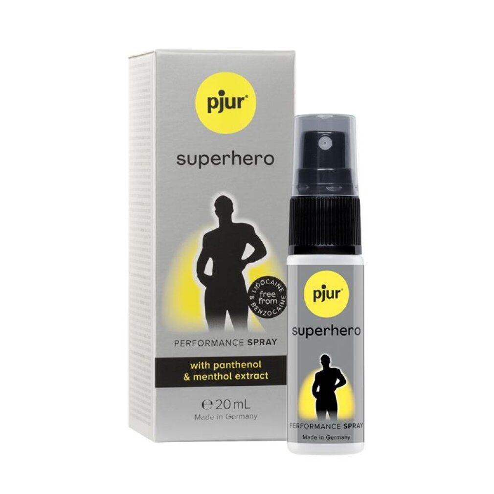 Spray pjur SUPERHERO Performance (20ml) accanto alla sua confezione, per uomo.