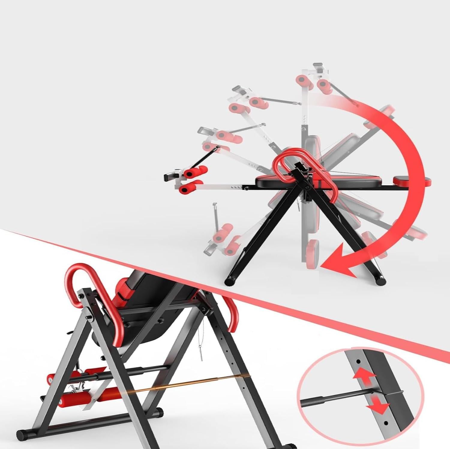 Panca ad inversione con seduta rossa e nera. Struttura nera. Freccia che indica la regolazione dell'angolo.