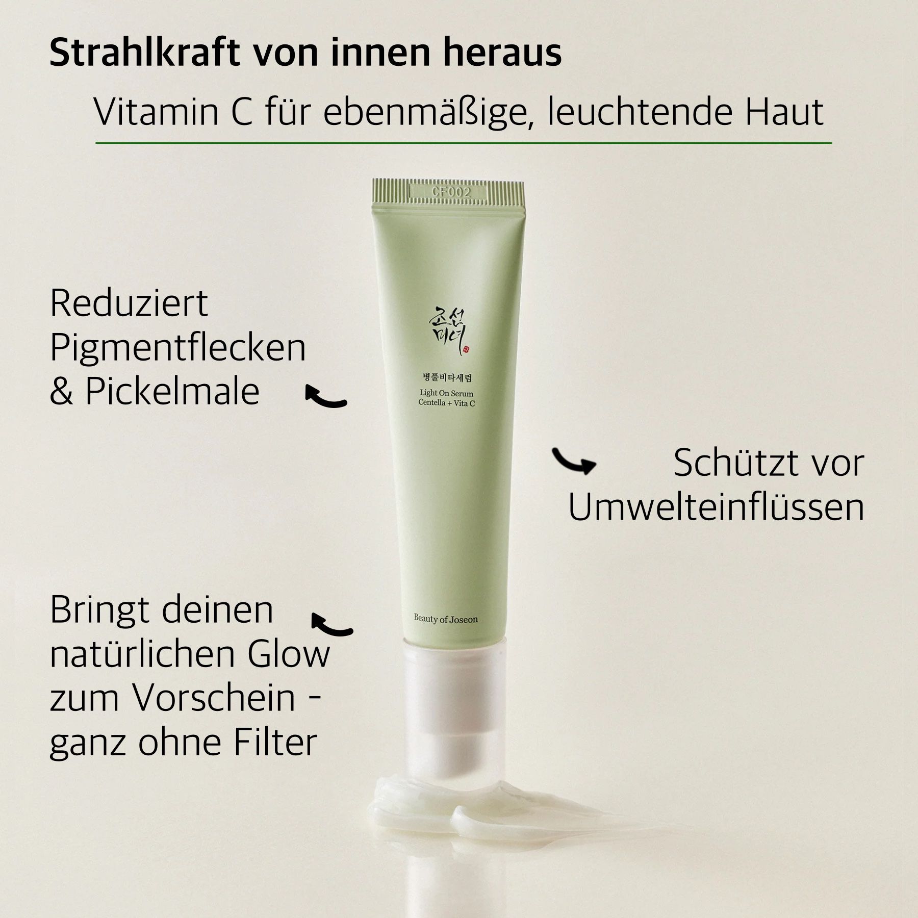 Tubetto prodotto con frecce. Testo: Light On Serum Centella + Vita C. Testo sui vantaggi. Marchio: Beauty of Joseon.