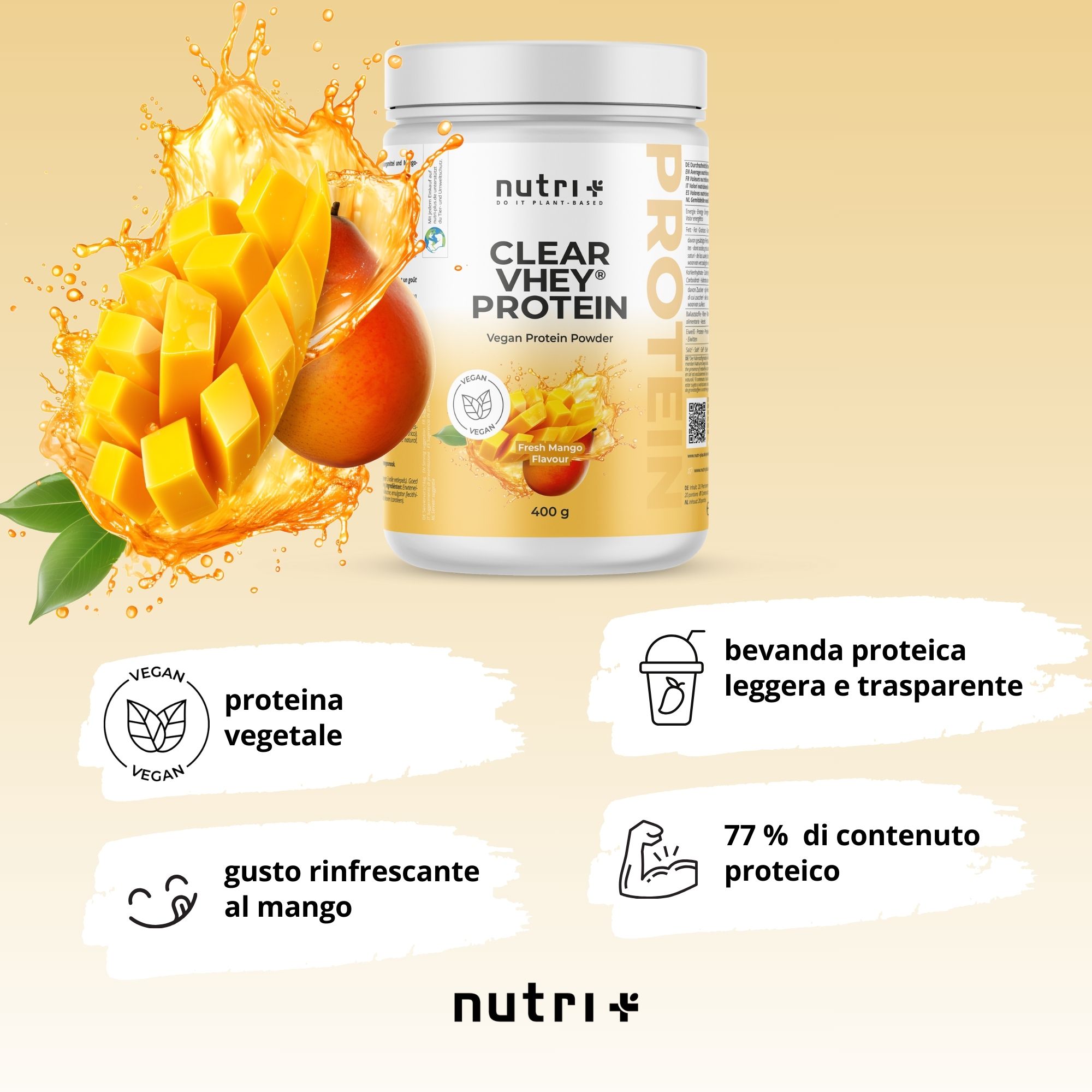 Barattolo di polvere proteica con illustrazione di mango. Scritta: Clear Whey Protein, Vegan Protein Powder, gusto mango. Simboli aggiuntivi.