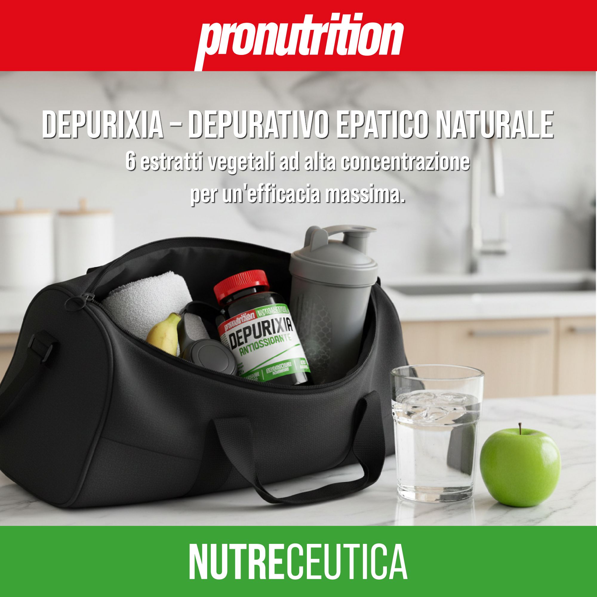 Flacone nero con tappo rosso. Scritta: Depurixia, antiossidante. Vicino a borsa sportiva, asciugamano, mela, bicchiere d'acqua e shaker.