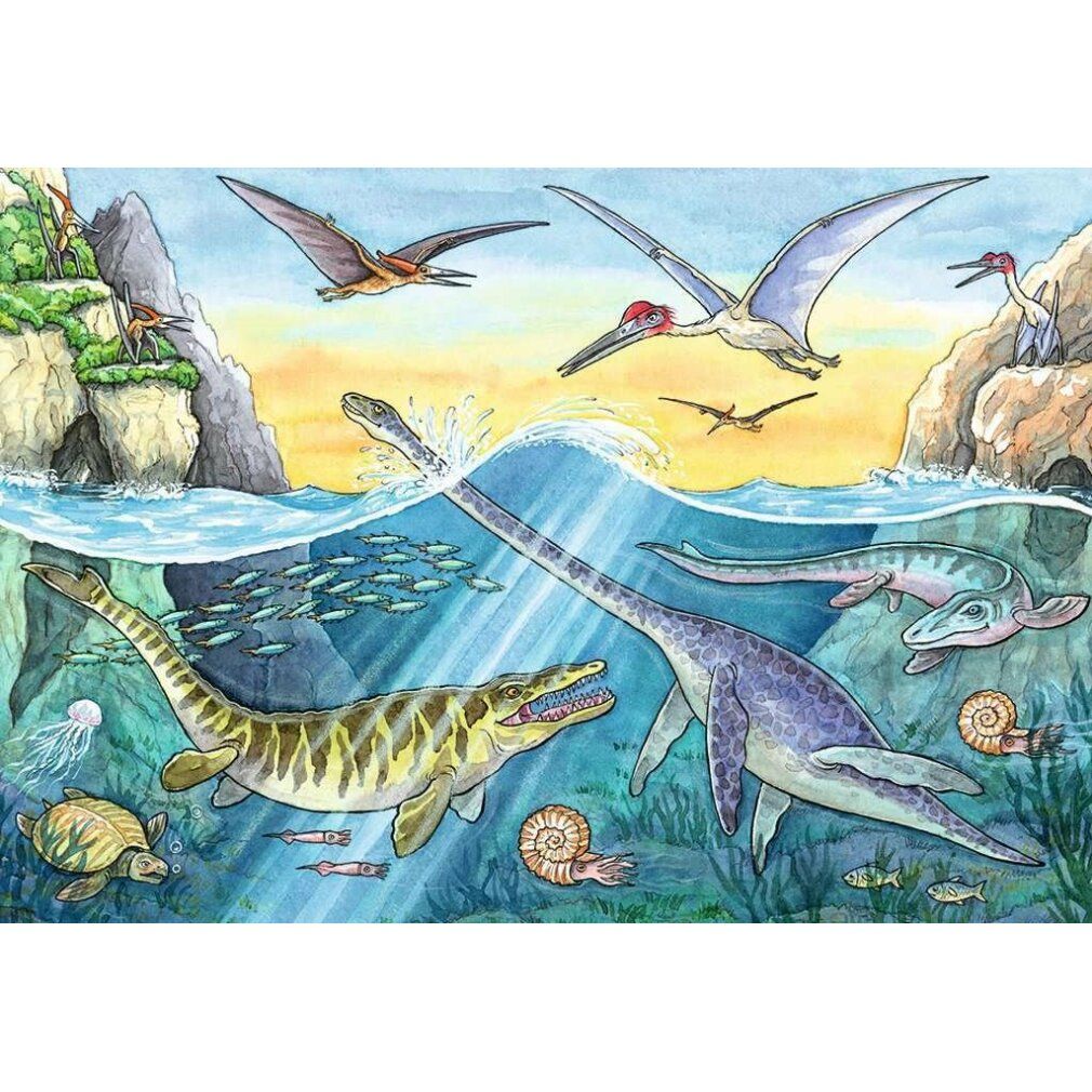Immagine puzzle: mondo sottomarino con rettili marini e pesci. Pterosauri volano sopra l'acqua.