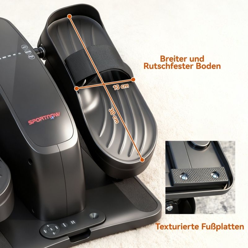 Mini ellittica. Primo piano dei pedali. Testo: Base ampia e antiscivolo. Dimensioni: 30x13 cm. Piastre per piedi testurizzate.