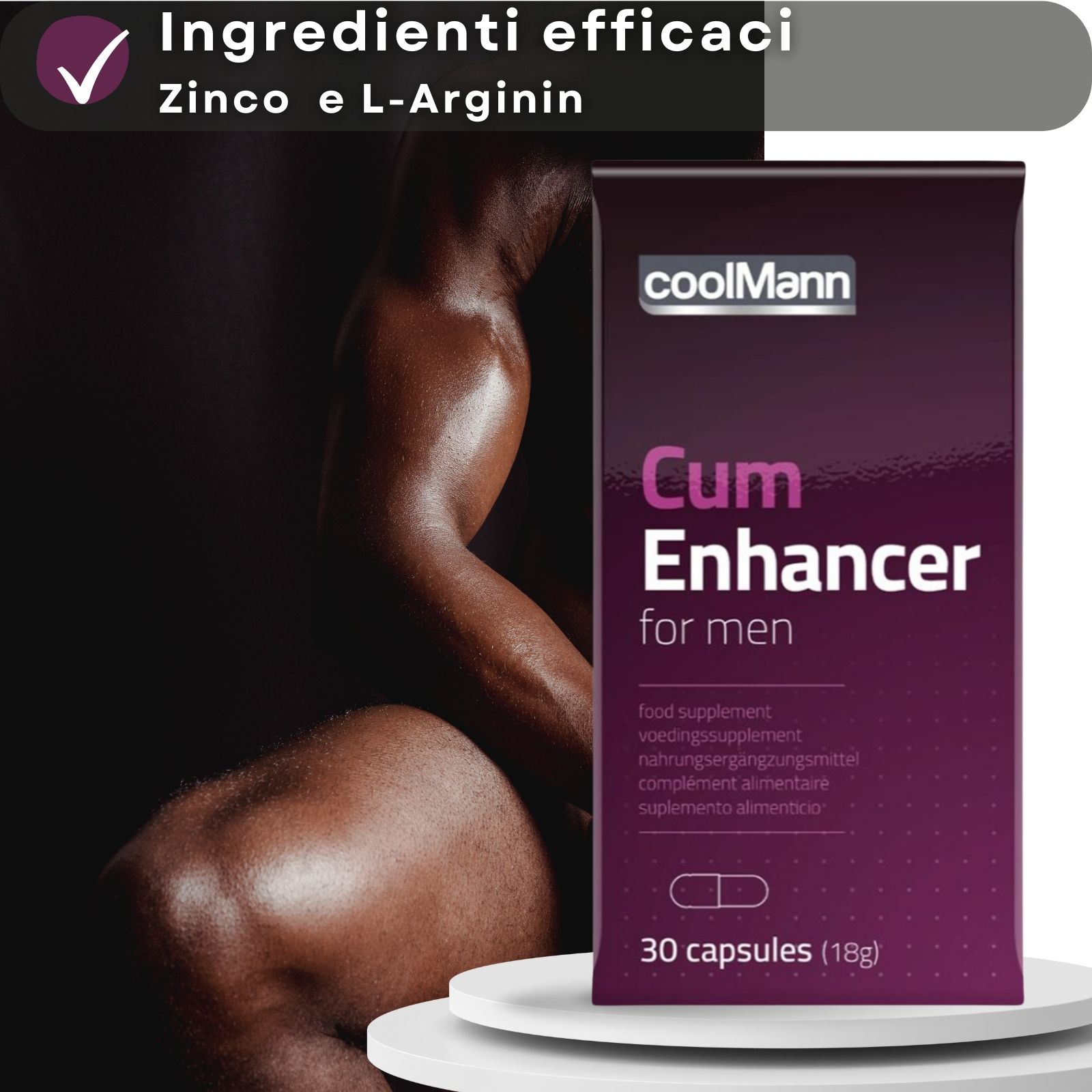 Flacone e confezione del prodotto. Testo: "coolMann Cum Enhancer for men". Una capsula in mano. Uomo muscoloso sullo sfondo.