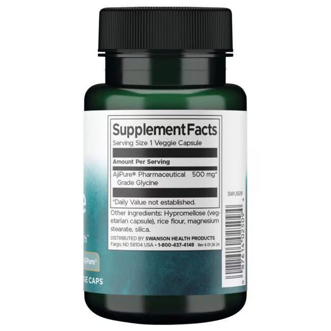 Retro del flacone di capsule. Scritta: Supplement Facts, AjiPure Pharmaceutical 500 mg, Grade Glycine. Ingredienti.