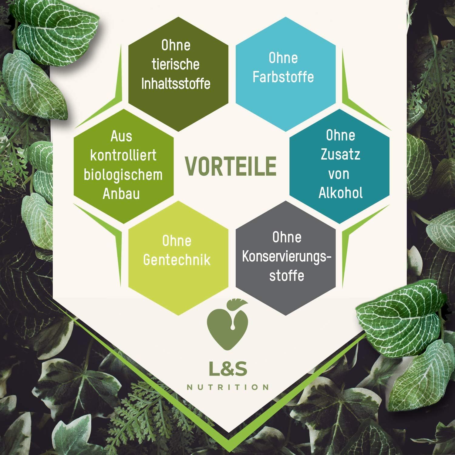 Icone esagonali con testo: Senza ingredienti animali, Senza coloranti, Senza alcol, Senza OGM, Senza conservanti. Logo.